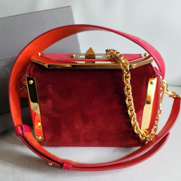 ❌️SOLD❌️ Alexander McQueen Box Velvet 16 Red Gold Leather Shoulder Bag Square - Picture 9 of 16